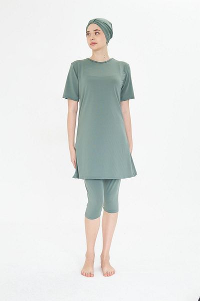 Fantasy Short Sleeve Lycra Semi-Closed Hijab Swimsuit Green 3484-Y