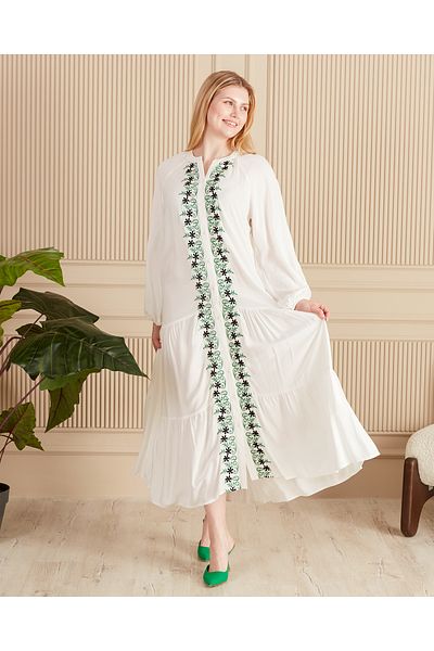 EL jadida Women's Embroidered Buttoned Plus Size Viscose Long Dress White Green