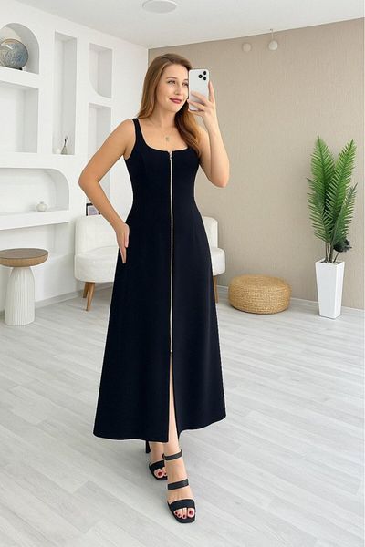 Viyamo New Season Women's Strap Square Neck Front Zipper Wide Cut Janjan Crepe Dress