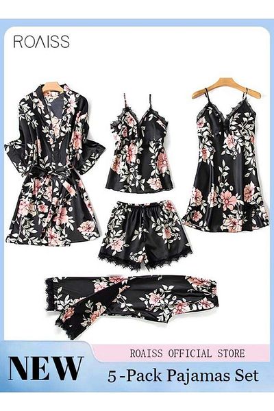 ROAISS 5 PCS Pajama Sets for Women Sweet Floral Printing Lace Edge Homewear Ladies Nightwear Silky Clothes