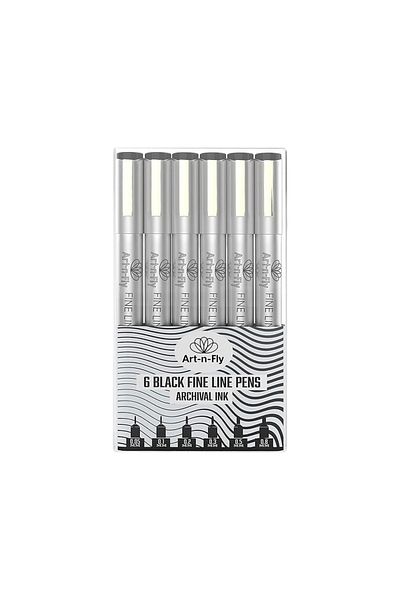 Art-n-Fly Set of 6 Professional Fineliner Pens, black pigment-based ink, waterproof, round tip 0.05-0.8 mm
