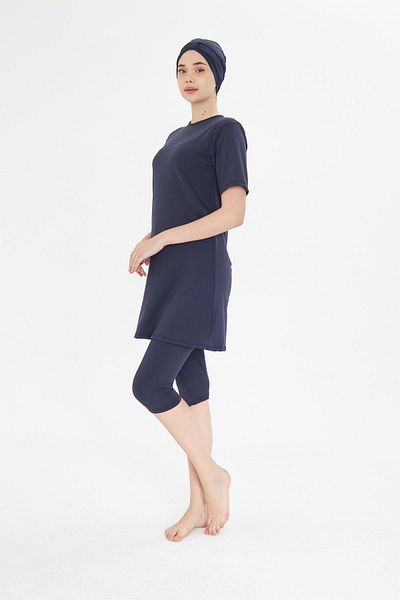 Fantasy Plus Size Short Sleeve Lycra Semi-Covered Hijab Swimsuit Navy Blue 3484B-L