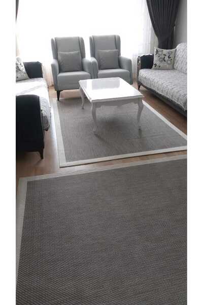Krem Çerçeveli Koyu Gri Desenli Sisal Halı
