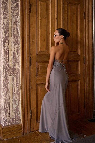 Hotfashion İnce İp Askılı Sırt Dekolteli Saten Elbise