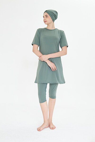 Fantasy Large Size Short Sleeve Lycra Semi-Closed Hijab Swimsuit Green 3484b-y