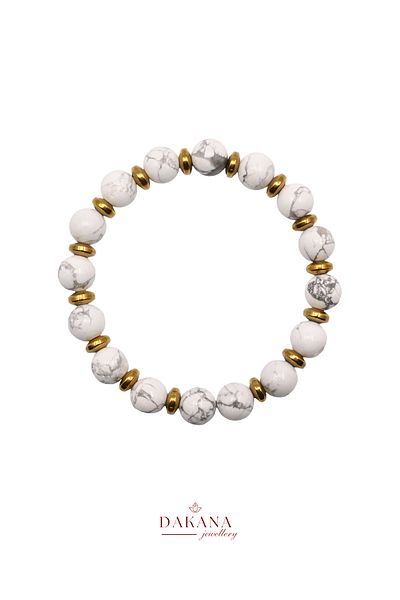 DAKANA JEWELLERY Certified 8 mm Howlite and Yellow Hematite Natural Stone Bracelet