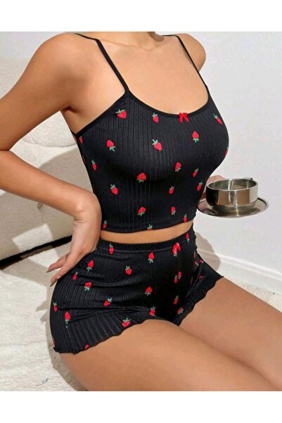 R RUSELİN Kadın Siyah Çilek Desenli  Gecelik (200614) Takım 5020