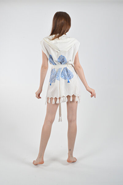 REİNA TEKS Hooded Pareo Belted Beachwear Peshtemal Ethnic Blue Tree Patterned Beach Bathrobe 1 Piece