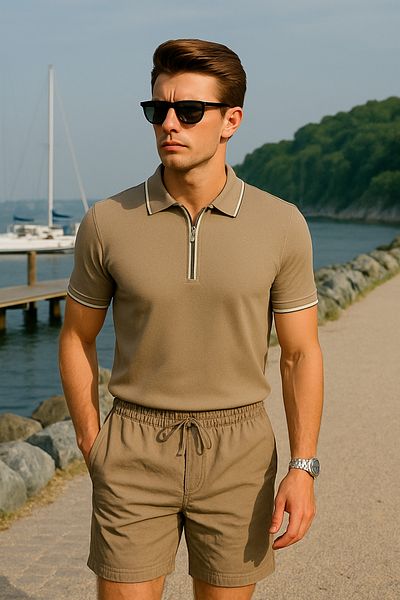 Pobudo Mink Color Zipper Detailed Polo Neck Men's Knitwear T-Shirt