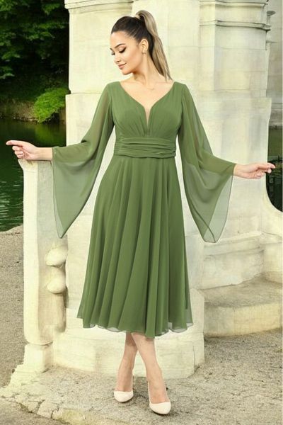 FaBe Fashion Long Flounce Sleeve Heart Neck Waist Shirred Midi White Chiffon Dress Wedding-Engagement-Promise-Outdoor Shooting