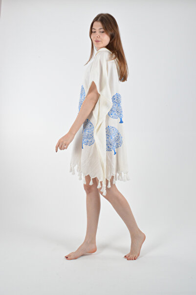 REİNA TEKS Viscon Hooded Ethnic Blue Tree Pattern Poncho 1 Piece Pareo