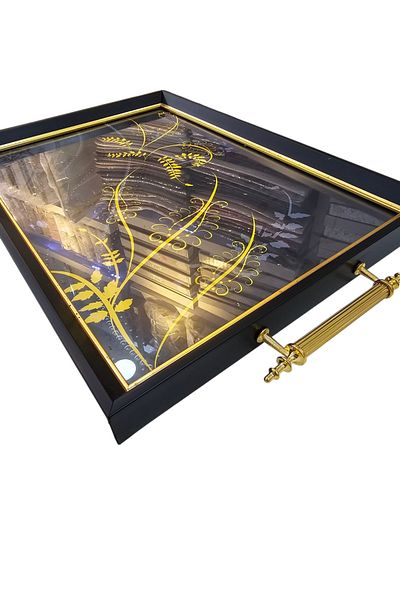 KÜBRAHOME'S Black Large Pattern Presentation Tea Coffee Tray with Glass