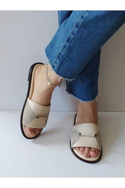 ERS Air Comfort Women's Beige Genuine Leather Front Buckle Flat Daily Stylish Slippers