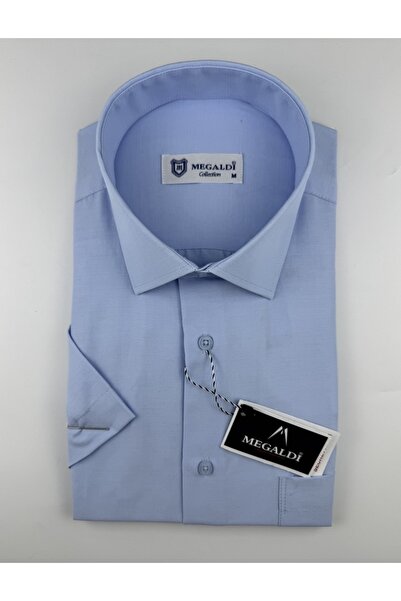 MEGALDİ Erkek Düz Mavi Cepli Klasik Kesim Kısa Kollu Gömlek