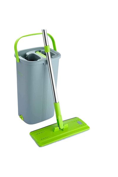 Easy Gleam Mop and Bucket Set, Flat Mop, Stainless Steel Handle, Two-Chamber Bucket Wet and Dry Use, 1 Spare