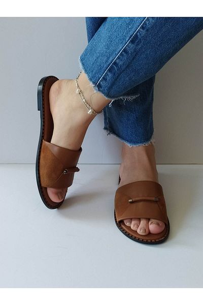 ERS Air Comfort Women's Tan Genuine Leather Front Buckle Flat Daily Stylish Slippers