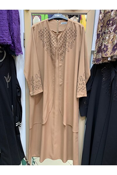 Butik Tesettür kadın büyük beden yakası ve kolları taşlı abiye