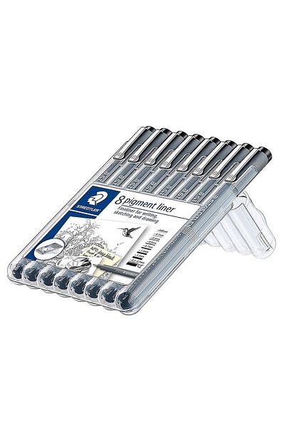 Staedtler Set of 8 Staedtler black pigment liners, sizes between 0.05-2 mm