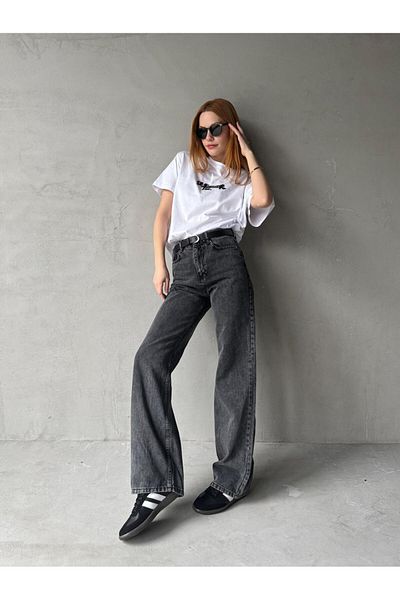 Cappmoda Jean-08127 Smoked Denim Fabric High Waist Palazzo Jean