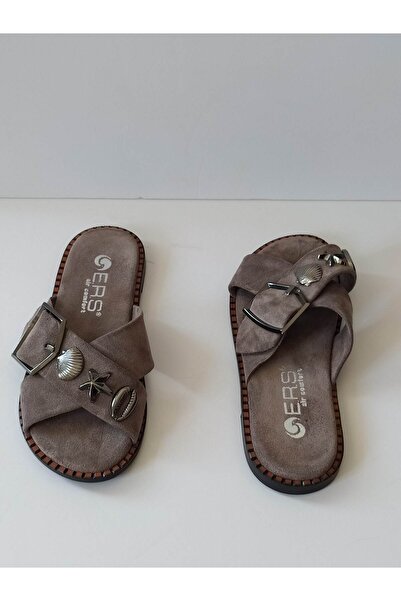 ERS Air Comfort Women's Mink Suede Genuine Leather Crossed Scarf Sea Shell Buckle Flat Daily Stylish Slippers