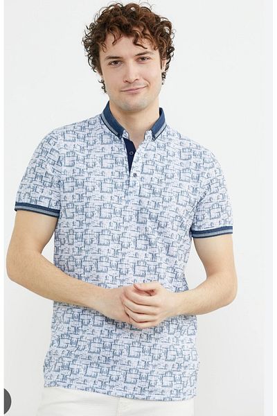 MODA The Most Beautiful Blue and White with Polo Collar Pattern Stylish Men's Sweatshirt