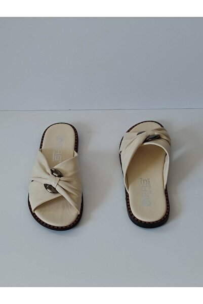 ERS Air Comfort Women's Beige Genuine Leather Cross Weave Buckle Flat Daily Stylish Slippers