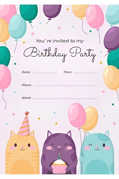 Rana İkra Art Balonlu Ve Kedili Doğum Günü Davetiyesi (25 Adet) ( YAZISIZ)