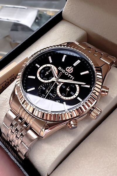 Bigotti Special Boxed 5 Atm Waterproof Men Wristwatch Rose Gold Steel Band + Gift Bracelet Bme2028C3