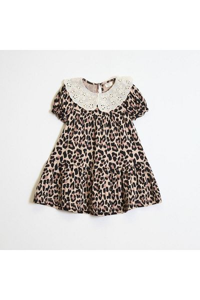 OZZY KİDS Girl's Collared Leopard Patterned Dress