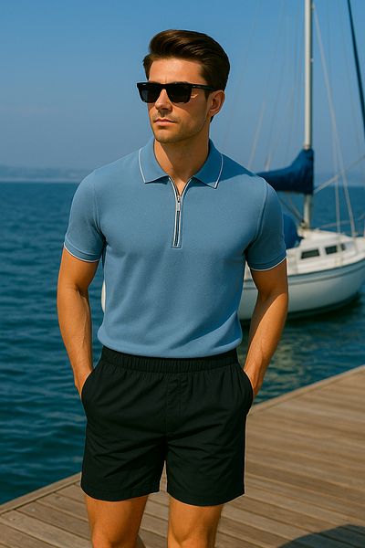 Pobudo Blue Color Zipper Detailed Polo Neck Men's Knitwear T-Shirt