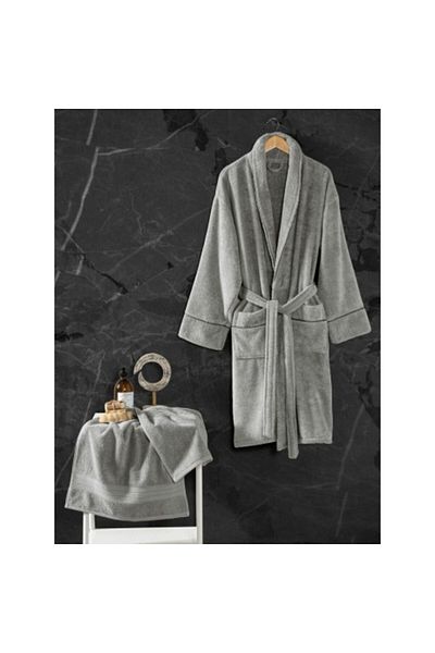 Cotton Box Cotton Bathrobe and Towel Set, L-XL, Cotton Box Exclusive Grey