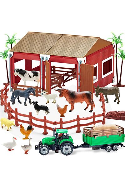 Brands For Less Mini Barn Farm Toys Playset, Plastic Animals Figurines, Farm Figures Farmer Vehicle Toy Truck