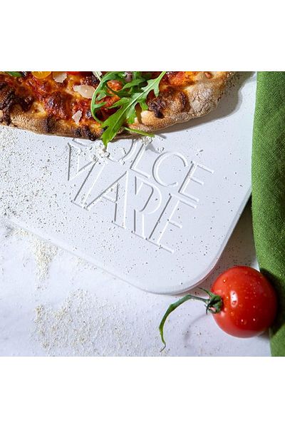Dolce Mare Set piatră de copt, lopată de lemn și cuțit de pizza, DOLCE MARE, 38 cm x 30 cm x 1,5 cm, alb