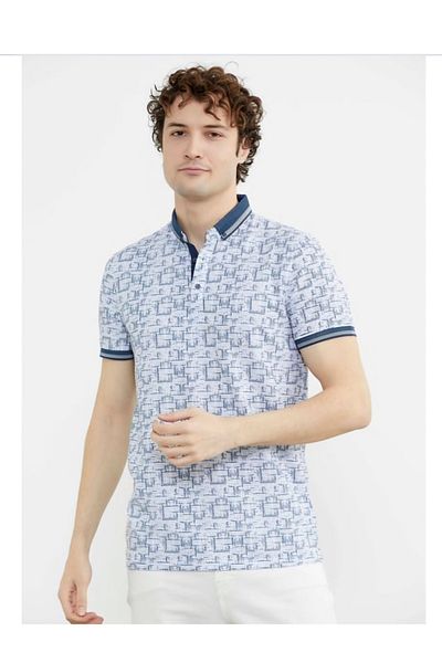 MODA The Most Beautiful Blue and White with Polo Collar Pattern Stylish Men's Sweatshirt