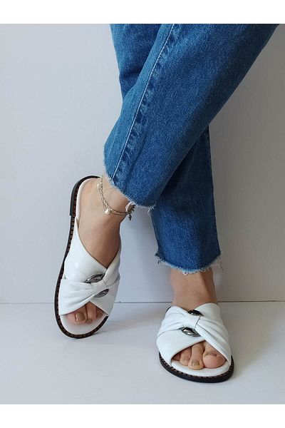 ERS Air Comfort Women's White Genuine Leather Cross Weft Buckle Flat Daily Stylish Slippers