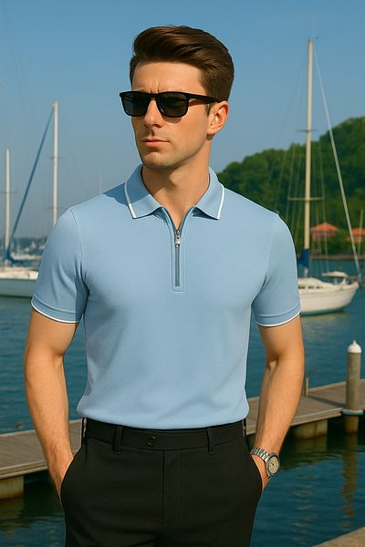 Pobudo Light Blue Color Zipper Detailed Polo Neck Men's Knitwear T-Shirt