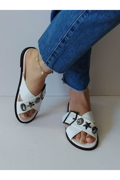 ERS Air Comfort Women's White Genuine Leather Cross Wefted Seashell Buckle Flat Daily Stylish Slippers