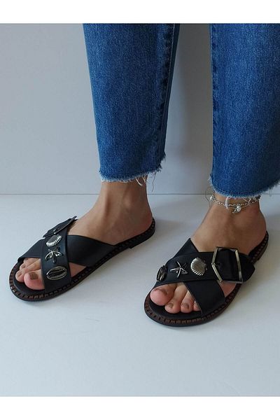 ERS Air Comfort Women's Black Genuine Leather Cross Wefted Seashell Buckle Flat Daily Stylish Slippers