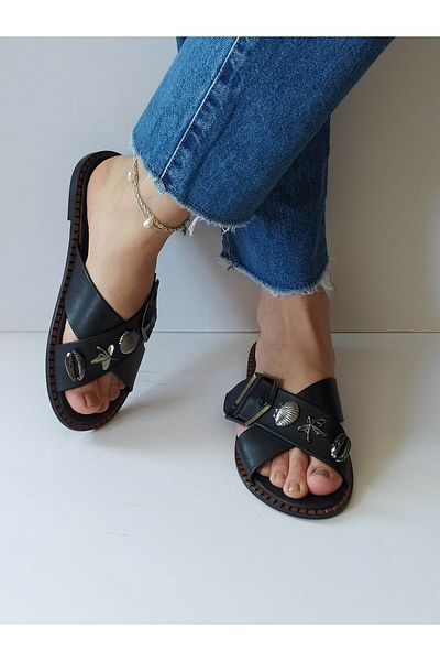 ERS Air Comfort Women's Black Genuine Leather Cross Wefted Seashell Buckle Flat Daily Stylish Slippers