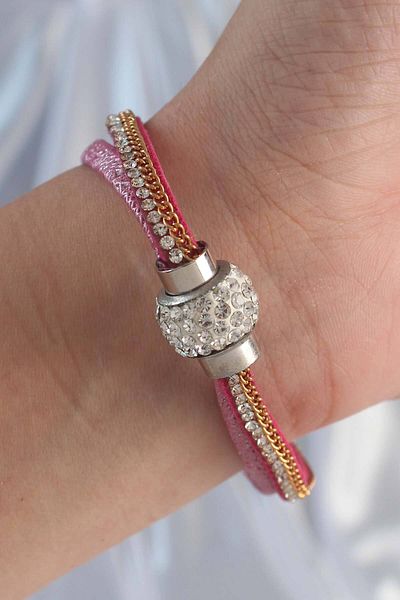 NEZADE STORE Pink Color Zircon Stone Tassel Detail Leather Multiple Bracelet