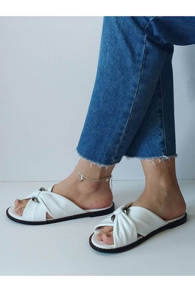ERS Air Comfort Women's White Genuine Leather Cross Weft Buckle Flat Daily Stylish Slippers