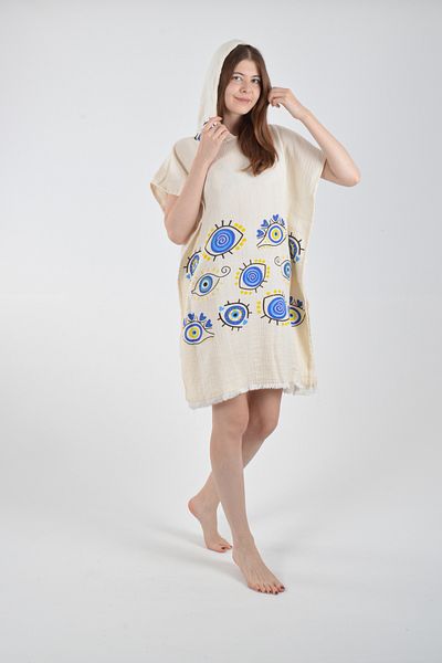 REİNA TEKS Poncho Muslin Cotton Evil Eye Beaded Eye Pattern Beach Wear Wrinkle Water Absorbent High Unisex