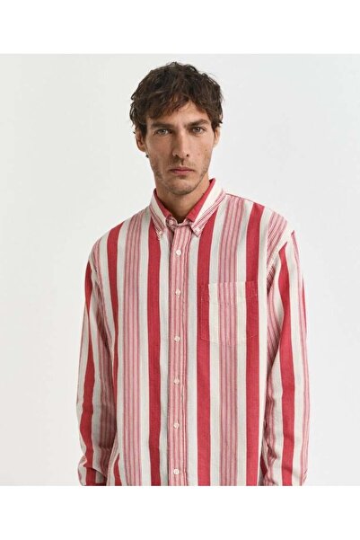 Gant Erkek Kırmızı Relaxed Fit Düğmeli Yaka Çizgili Gömlek