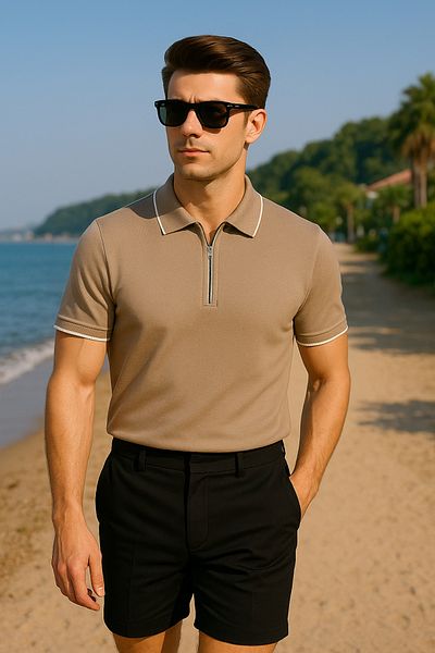Pobudo Mink Color Zipper Detailed Polo Neck Men's Knitwear T-Shirt