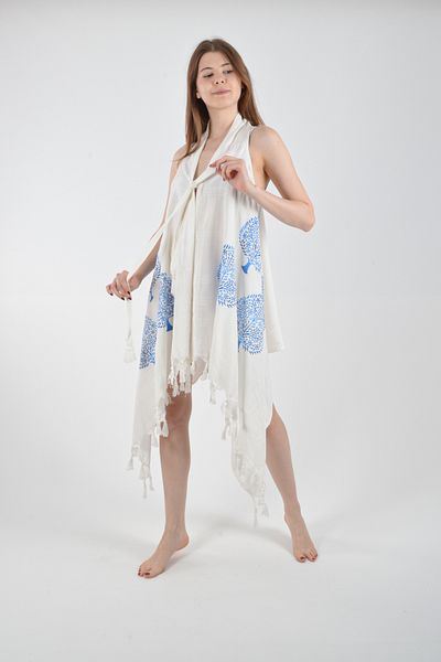 REİNA TEKS Asymmetrical Viscon Bell Vest Ethnic Blue Tree Pattern Cotton Beach Clothing 1 Piece Pareo Beachwear