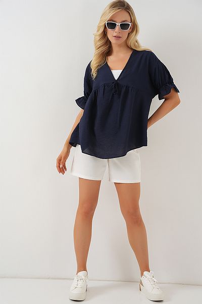 Bigdart Damenbluse mit kurzen Ärmeln und Schnürung vorne 962 – Marineblau