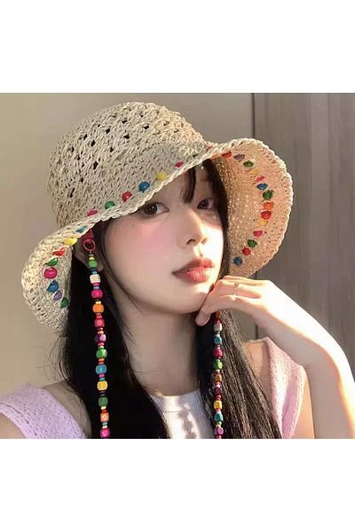 Axesoire 14753 Beaded Drawstring Beige Straw Hat