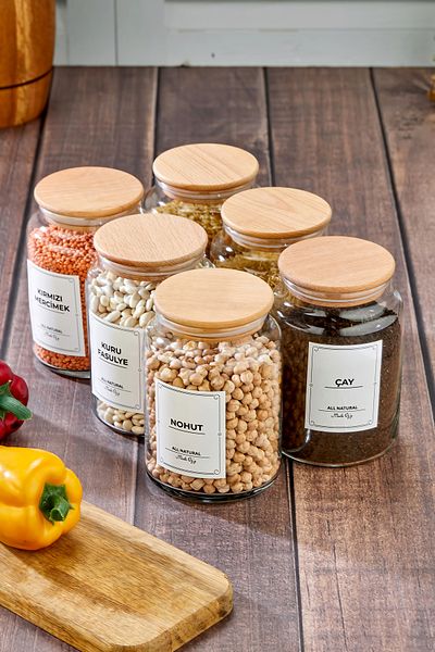 MODA OZY Set of 6 Vacuum Glass Jars with Wooden Lid Pulses 900 ml
