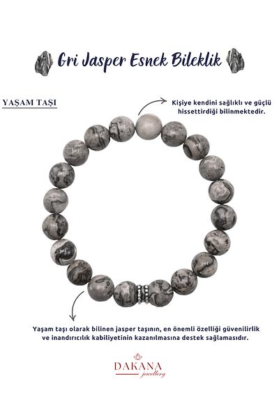 DAKANA JEWELLERY Certified Silver Figured 8 mm Gray Jasper Natural Stone Bracelet