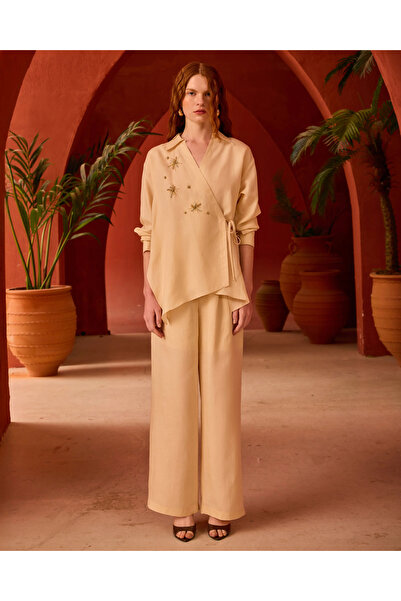 SEÇİL Linen Look Pleated Detail Wide Leg Trousers